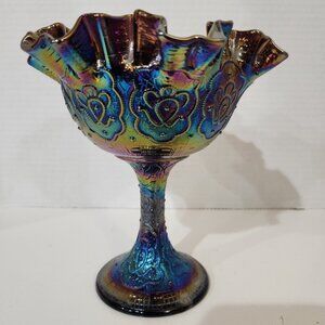 VTG Fenton Persian Medallion Carnival Glass Ruffled Footed Candy Compote Dish
